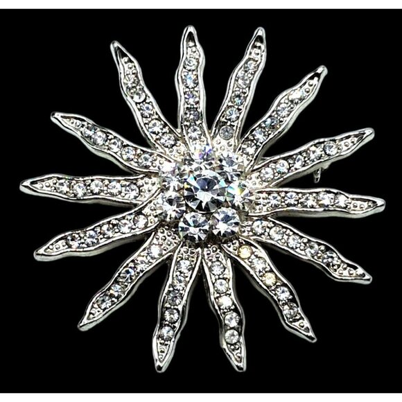 Vintage Clear Rhinestone Starburst Brooch Pin Silver Tone Costume Jewelry - Picture 1 of 10